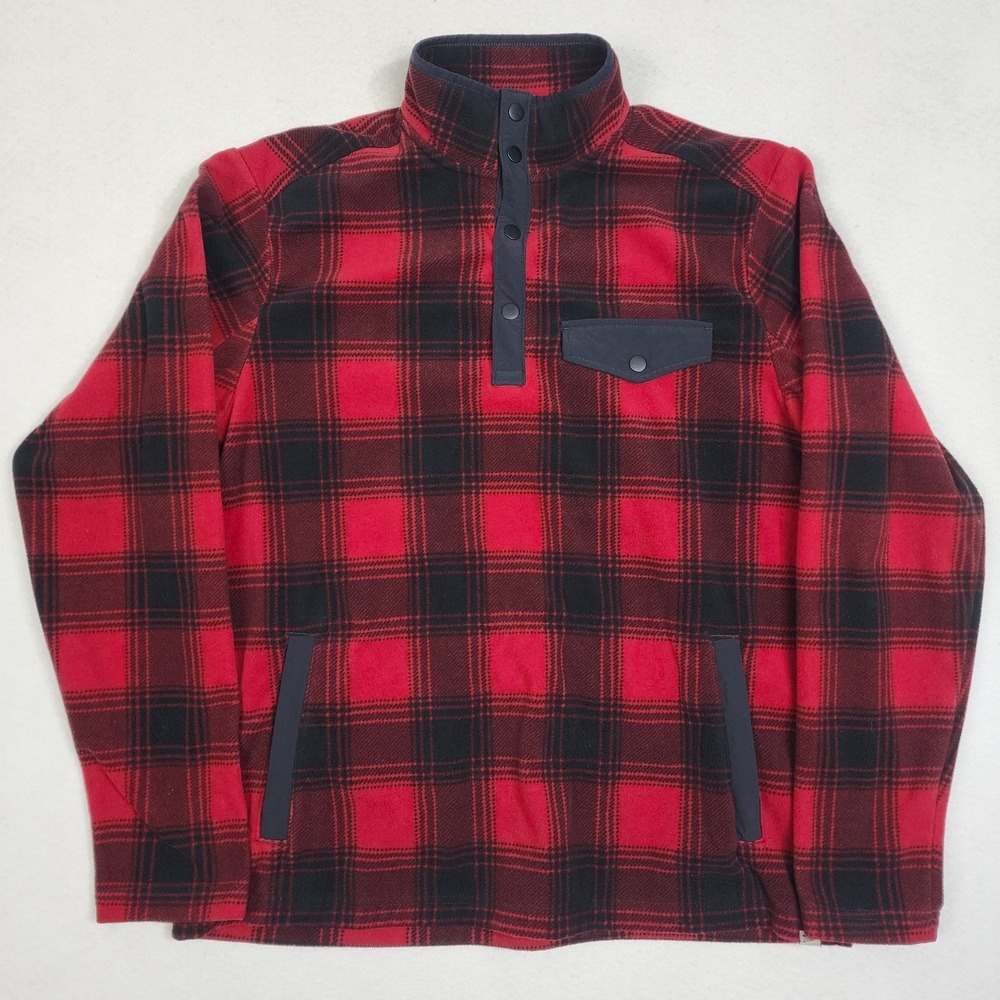 Duluth Trading Co Doubleback Fleece Sweater Mens M Red Black Plaid Relaxed Fit